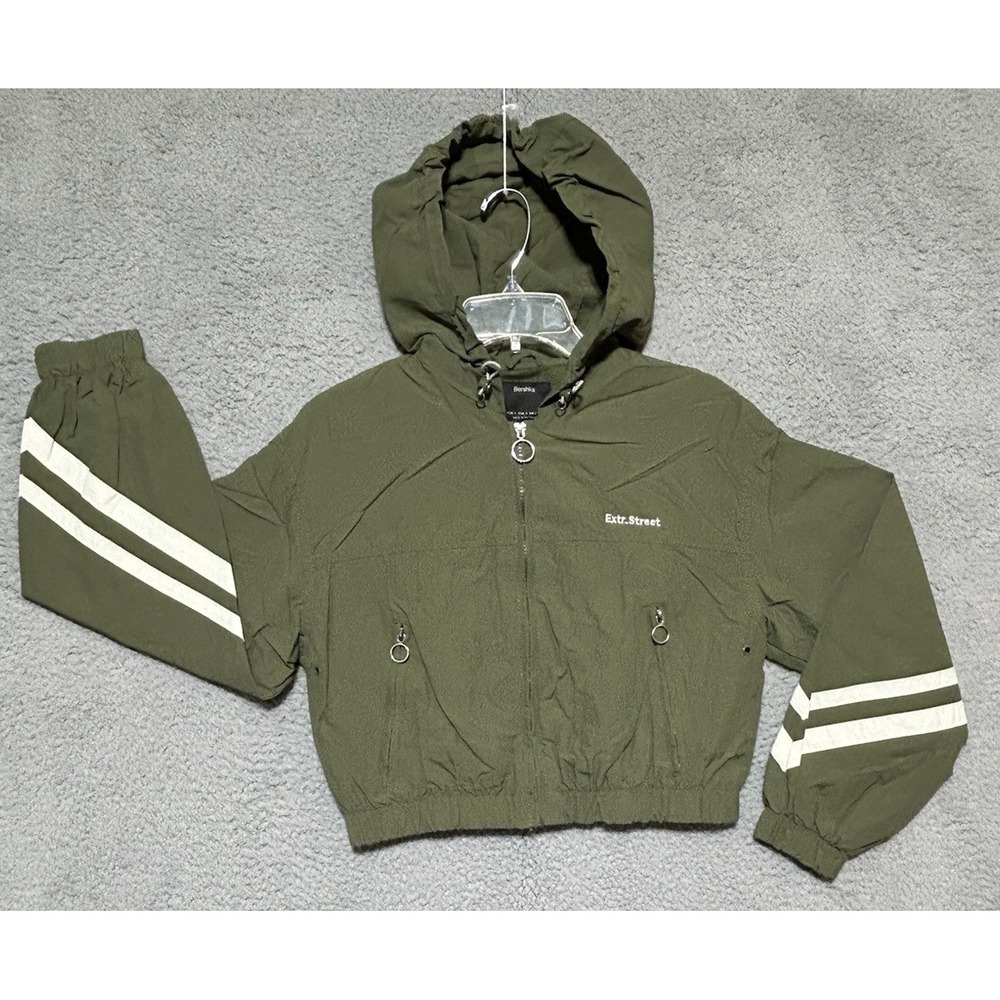 Bershka Womens Cropped Full Zip Hoodie S Extra Street Casual Green White Y2K